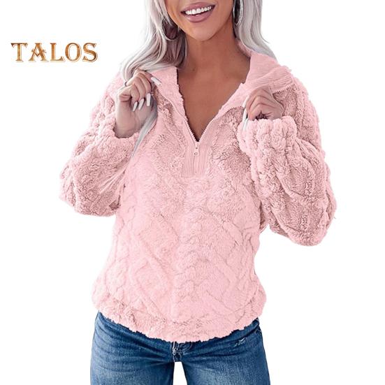 Winter Women Sweatshirt Zippered Turn-down Collar Rhombus Texture Plush Thick Long Sleeves Solid Color Keep Warm Autumn Top