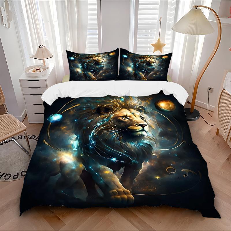 3pcs Lion's Cosmic Journey Print Bedding Set (1 Cover + 2 Pillowcases, Without Inserts), This Printed Bedding Set is Soft and