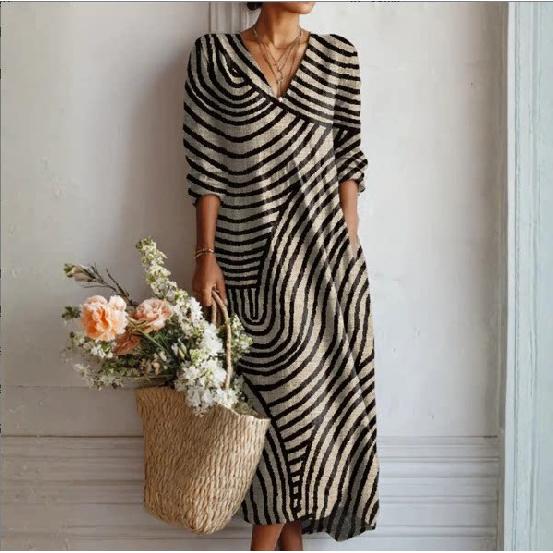 Abito Midi da Donna con Scollo a V, Stampa Floreale Grande, Manica Lunga, Vestibilità Larga, Stile Boemo, Casual, Vestito Estivo da Spiaggia con Tasche