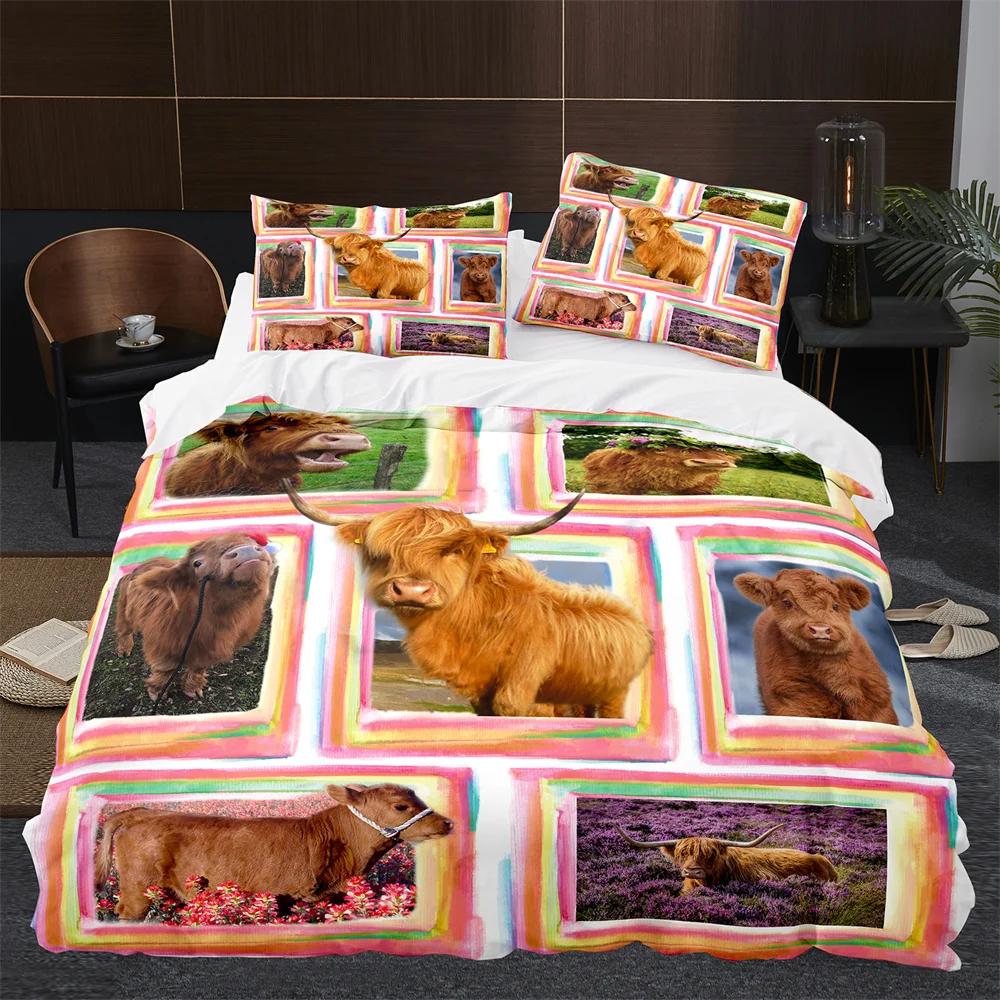 Highland Cow Duvet Cover King Queen Cattle Bedding Set Farmhouse Animal Quilt Cover Western Funny Bull Polyester Comforter Cover