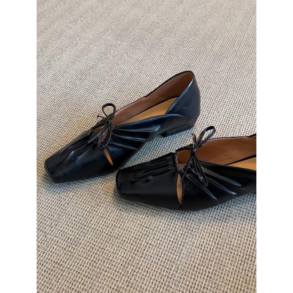 Sheepskin~ Square Head Pleated Hollow Mary Jane Shoes Women's Bow French Temperament Low Heel Single Shoes Light Mouth Small Leather Shoes