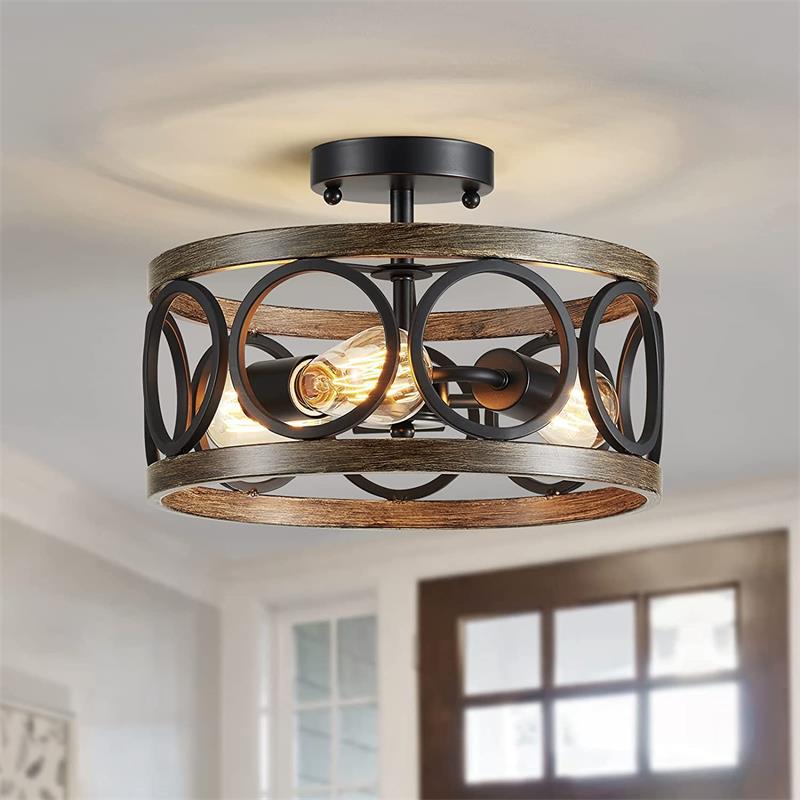 

American Industrial Circular Chandelier Farmhouse Retro Iron Art Wood Grain For Restaurant Home Bedroom Ceiling Light Home Decor