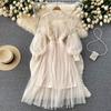 Ladies Dress Three-dimensional Flower Hook Mesh Temperament Stand Collar Lantern Sleeve High Waist Slim Female Dresses