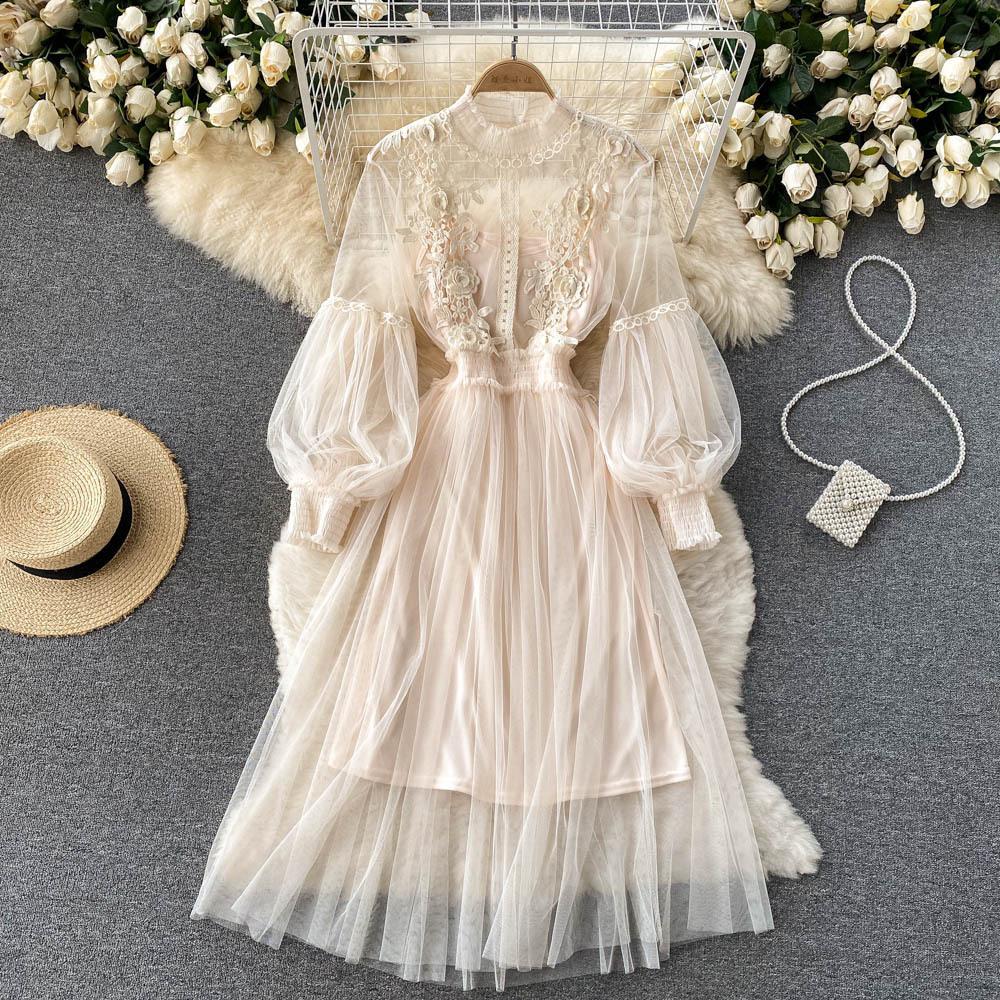 Ladies Dress Three-dimensional Flower Hook Mesh Temperament Stand Collar Lantern Sleeve High Waist Slim Female Dresses