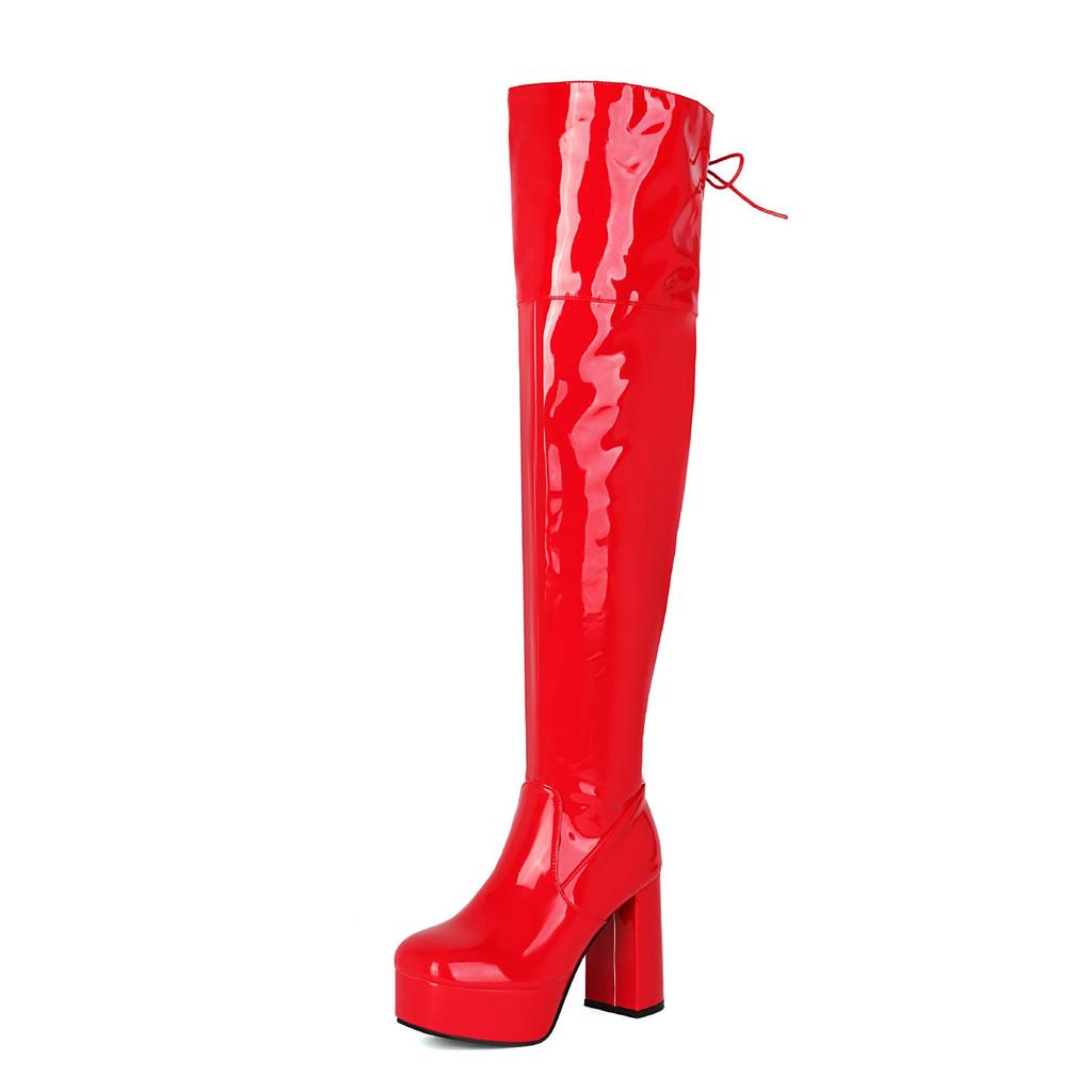 Stivali da Donna Eleganti in Vernice con Plateau e Tacco Chunky, Sopra il Ginocchio