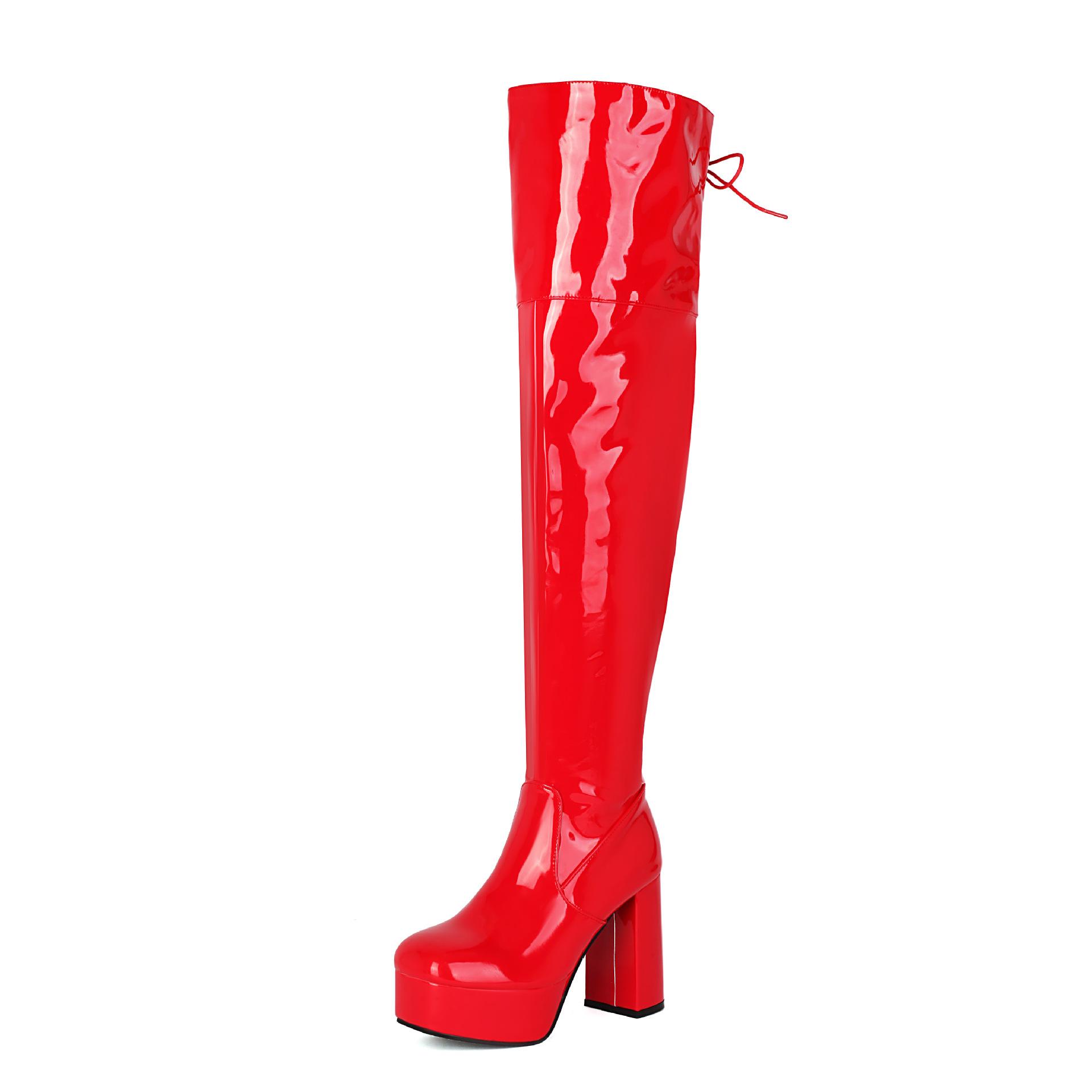 

Elegant Patent Leather Platform Chunky Heels Women s Over-the-Knee Boots 38