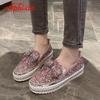 Fashion Aphixta Fashion Big Size 42 43 Flats Women Leather Loafers Flat Platform Wine Red Shoes Crystal Sequined Bow Casual Shoes