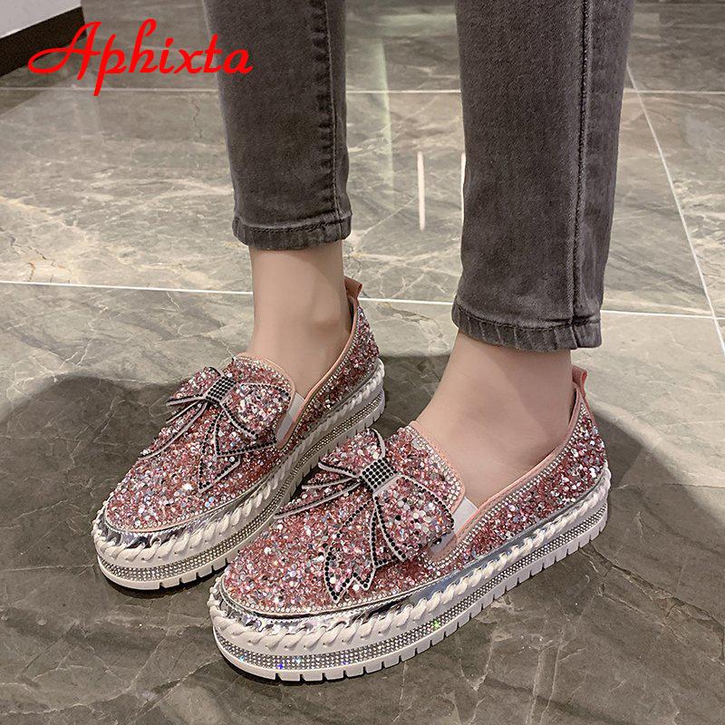 Fashion Aphixta Fashion Big Size 42 43 Flats Women Leather Loafers Flat Platform Wine Red Shoes Crystal Sequined Bow Casual Shoes