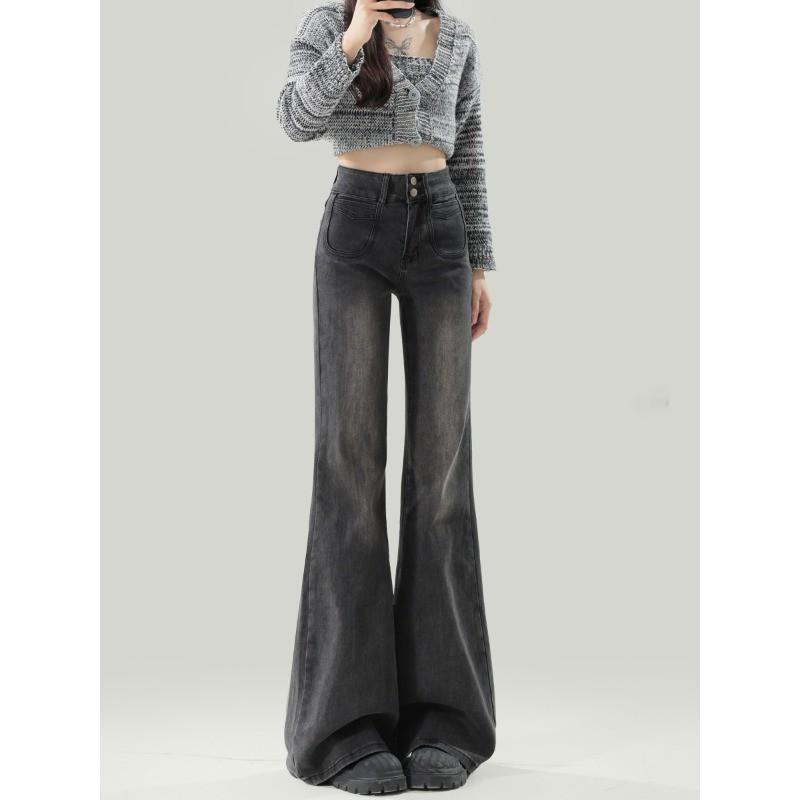 High Waist Flared Jeans Women Slim Fit Stretch Denim Pants Black Grey Vintage Blue Winter