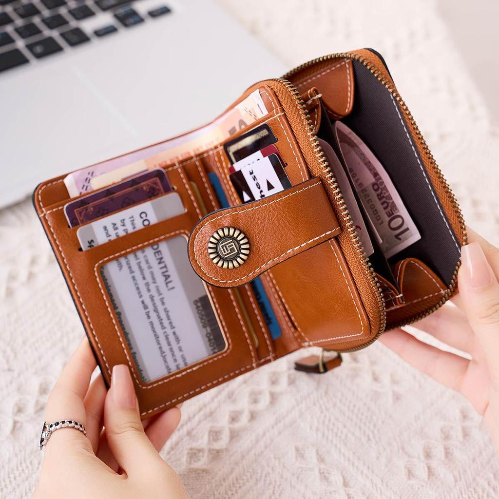 Portefeuille Vintage en Cuir Huilé-Ciré pour Femme - Porte-Cartes Mode 2025 avec Texture Niche, Porte-Monnaie Grande Capacité, Style Européen & Américain