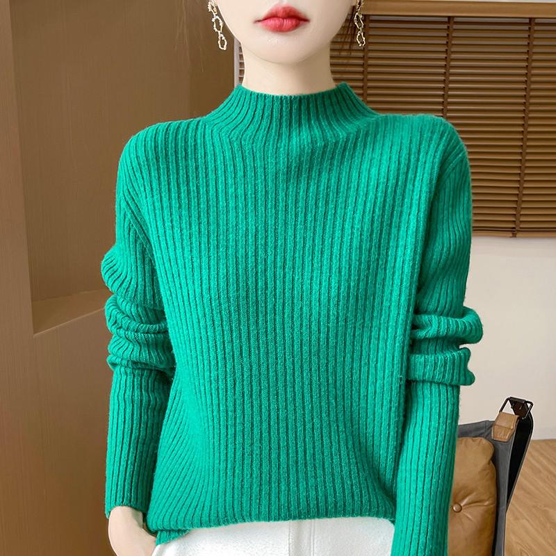 Women's Cashmere Striped Slimming Knit Sweater - Half-High Neck Autumn/Winter Base Layer