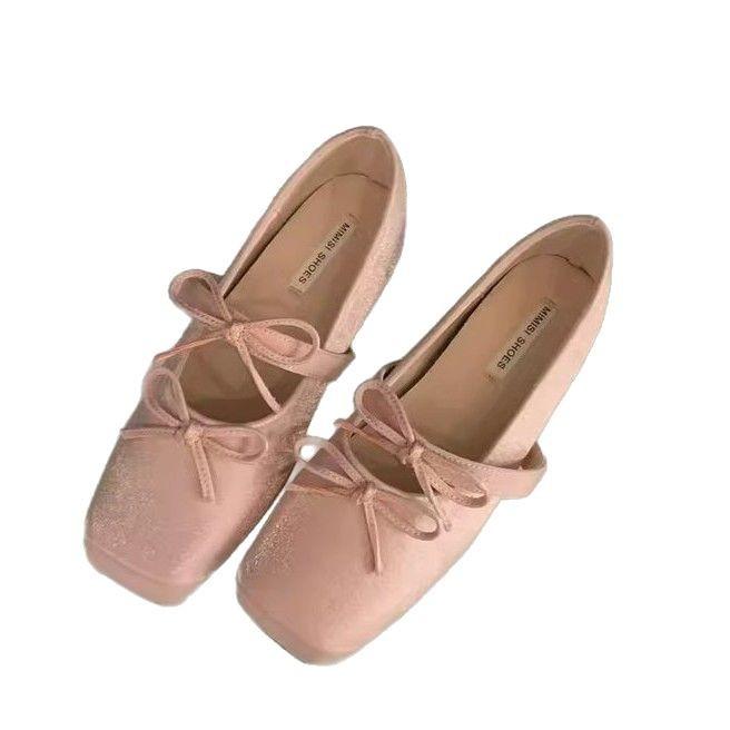 Fairy Style Bow Square Head Mary Jane Single Shoes Women's 2025 New Shallow Mouth Inner Flat Bottom Temperament Single Shoes