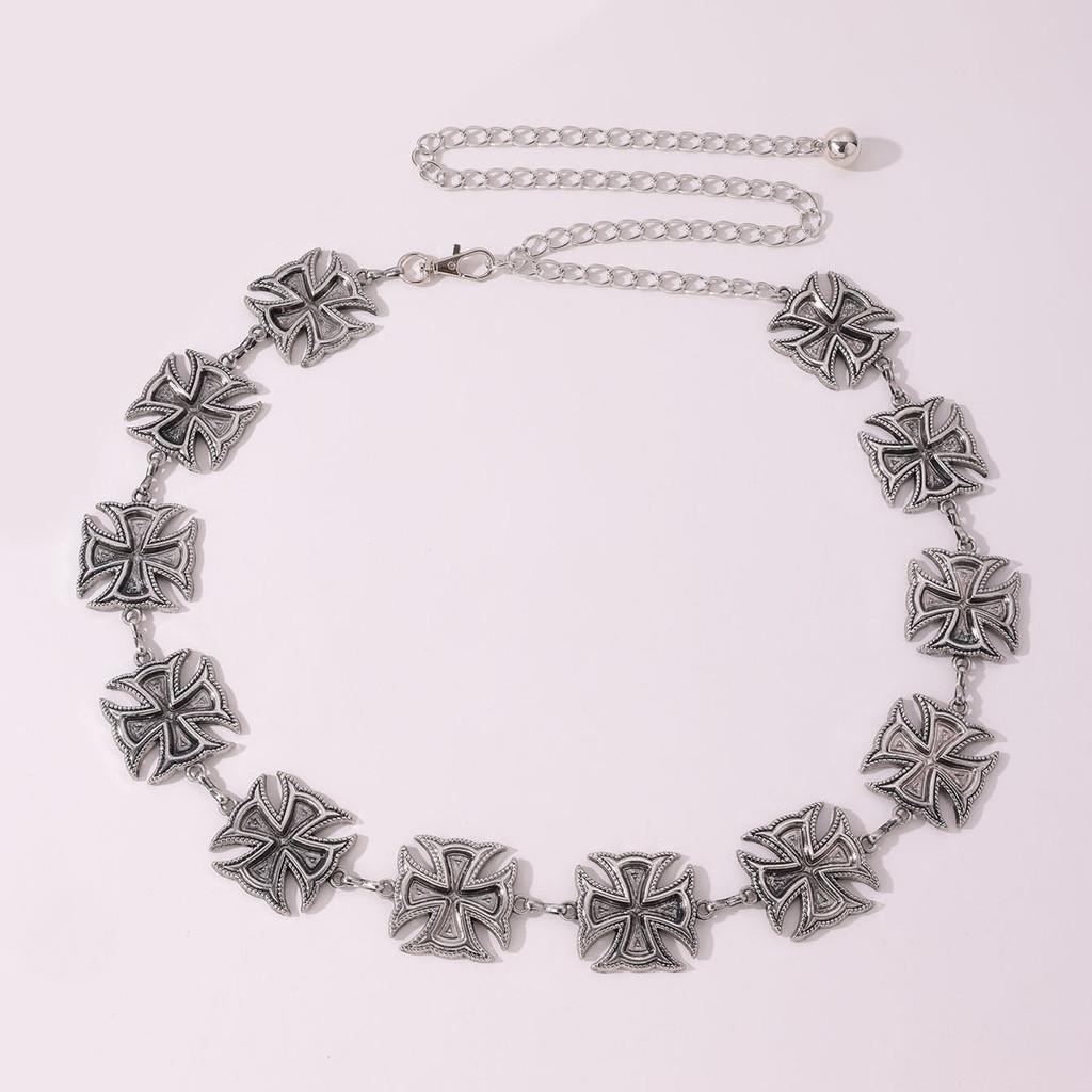 Retro Style Metal Waist Belt With Engraved Cross For Streetwear And Looks Casual