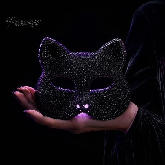Luxury Rhinestone Costume Mask Full Halloween Mask, Sparkling Skull And Cat Face Carnival Adjustable Elastic Straps for Theme Dances Decorative Party