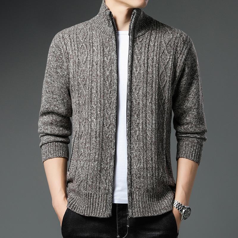 Men's Winter Fashion Cardigan Plus Velvet Sweater Jacket Men's Stand Collar Casual Solid Color Knitted Wholesale