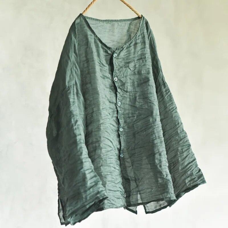 

Johnature женские винтажные рубашки с вышивкой, топы с круглым вырезом и длинным рукавом, однотонные весенние женские рубашки на пуговицах One Size светло-зеленый