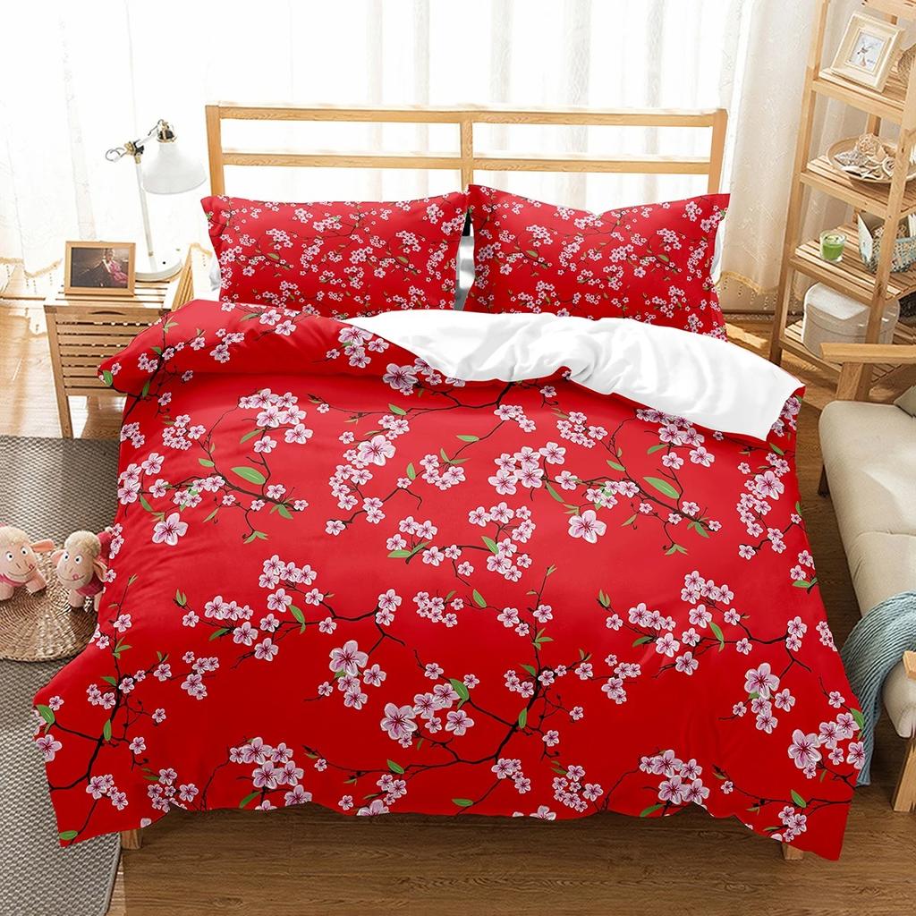 Plum Flower Duvet Cover Collection Red Flower Pattern Bedding Collection For Girls Women Polyester Comforter Cover Quilt Cover King Full Size