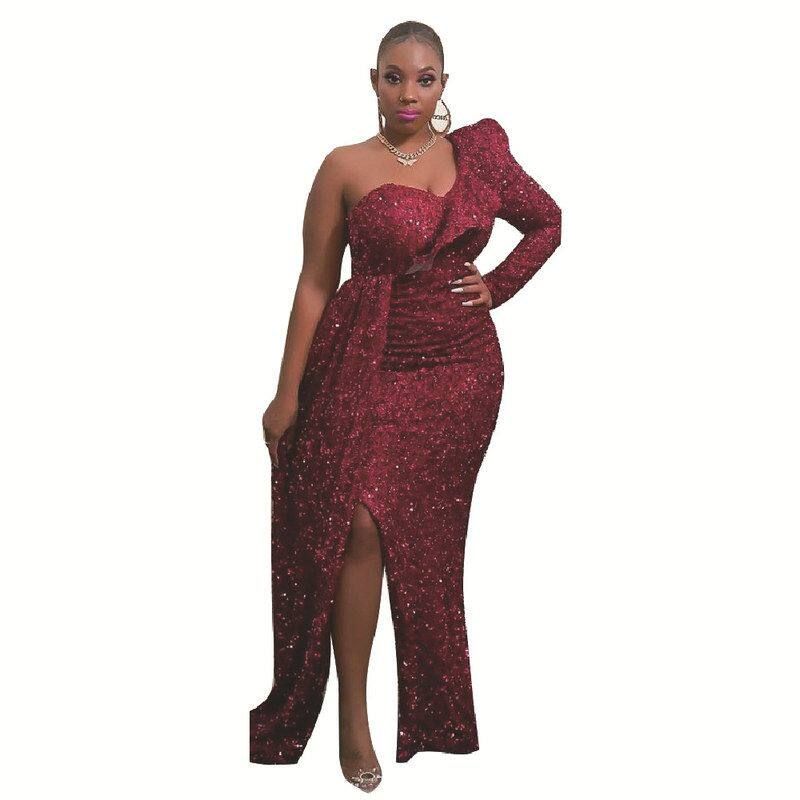 

2025 Winter African Dress Fashion New Style One-Shoulder Sequin Bridesmaid Dress Party Long Dress European and American Women s Clothing Wine Red M