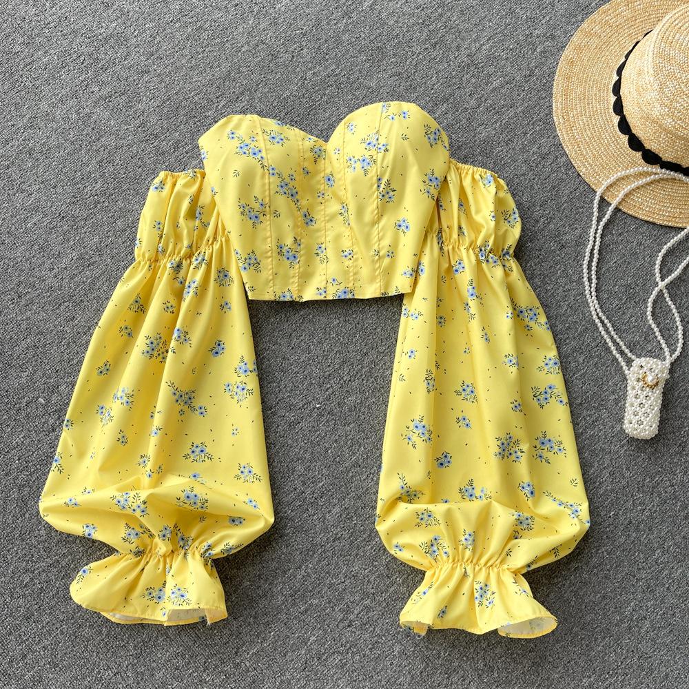 Women's Spice Girl One Shoulder Breasted Long Sleeve Shirt Backless Sweet Floral Short Temperament Top