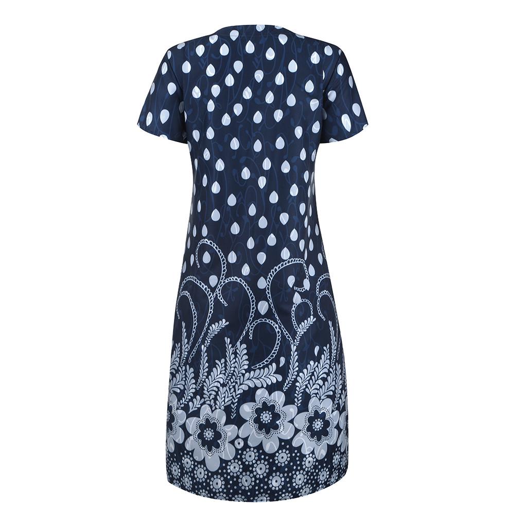 Fashion Women Casual Loose Dot Floral Print Patchwork V-Neck Short Sleeves Dress