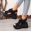 Damen Sommer Plateau Keilsandalen Atmungsaktives Gewebtes Elastisches Obermaterial Offene Zehenpartie Schnürung Bequem Weich Besohlt Hochhackig Freizeit Schuhe