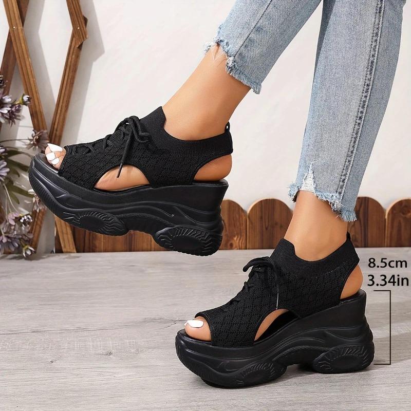 Damen Sommer Plateau Keilsandalen Atmungsaktives Gewebtes Elastisches Obermaterial Offene Zehenpartie Schnürung Bequem Weich Besohlt Hochhackig Freizeit Schuhe