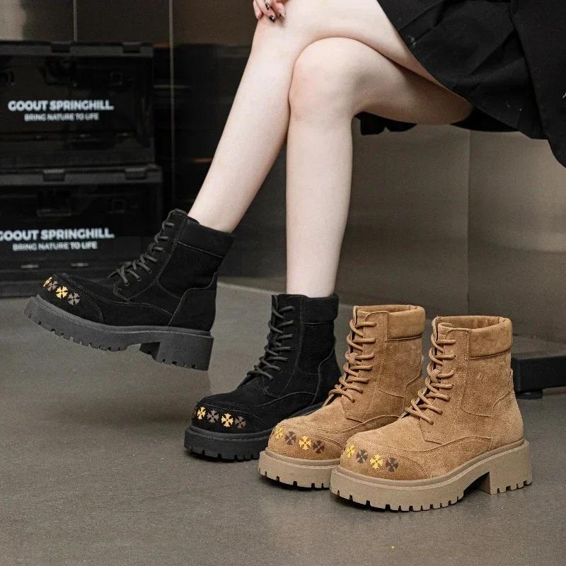 Fashion 2025 Fashion Lace Up Women's Boots Shining Water Diamond Round Head Leopard Pattern Short Boots Thick Heel Luxury Warm Shoes