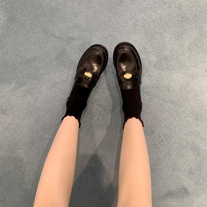 Washed cowhide~ Retro round head small gold coins lazy British style loafers single shoes women's genuine leather platform small leather shoes