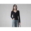 Pleated Irregular Front Shoulder Long-sleeved T-shirt V-neck Kinked Neckline Design Sense Niche Early Autumn Slim-fit Bottoming Shirt Top