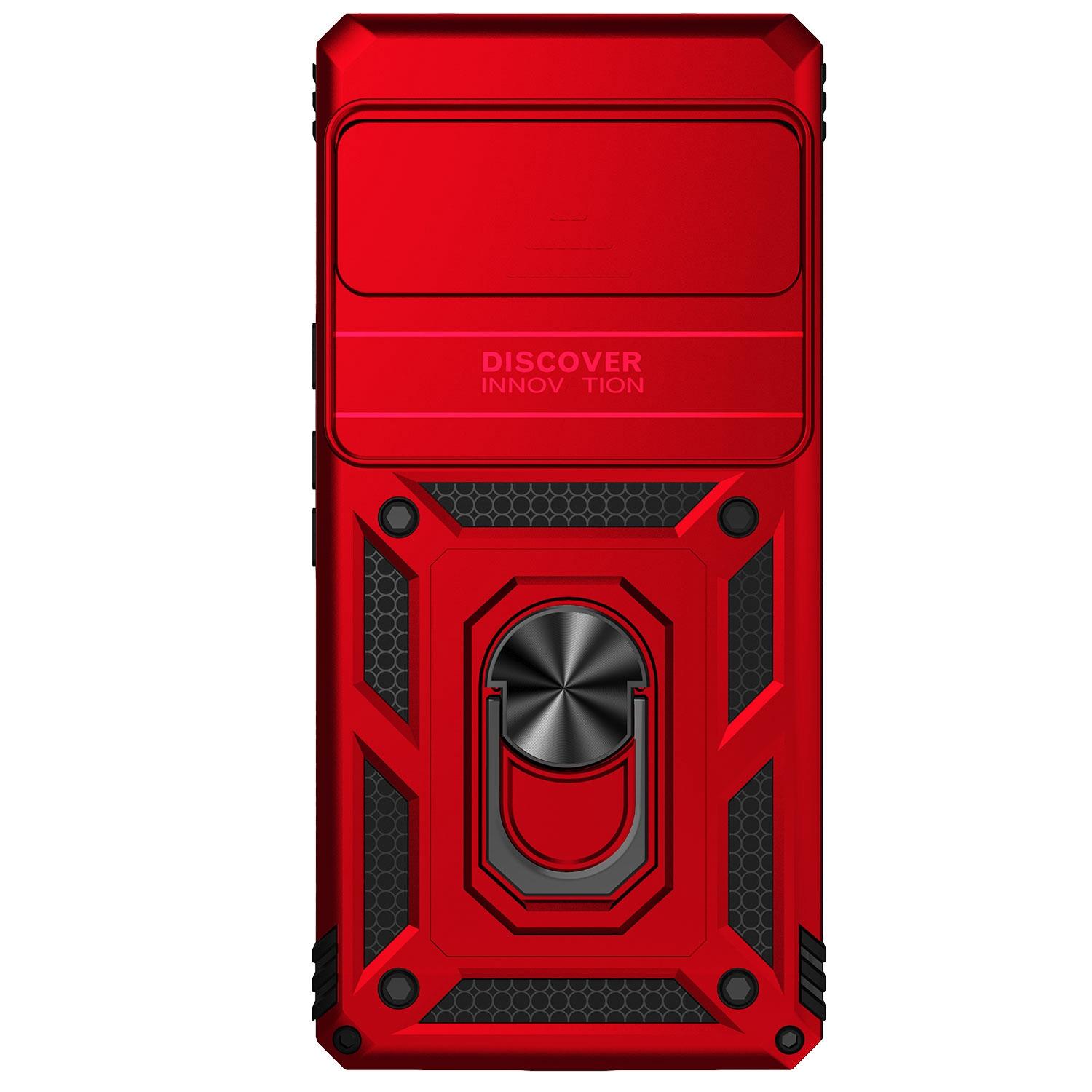 

For Google Pixel 6 Pro Shockproof Phone Protection Case Ring Kickstand Hybrid PC+TPU Shell with Slide Camera Protection Cover Red