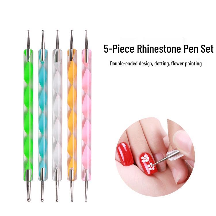 5-Piece Nail Art Spiral Rhinestone & Bead Picker Set - Double-Ended Pen for Pattern Painting & Gel Polish Application