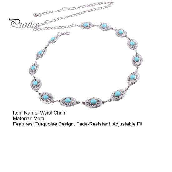 Exotic Lace Metal Ring Belt Waist Chain for Women, Adjustable Fit Waistband with Turquoise Decor, High Retro Ethnic Style Dresses Skirts Beachwear