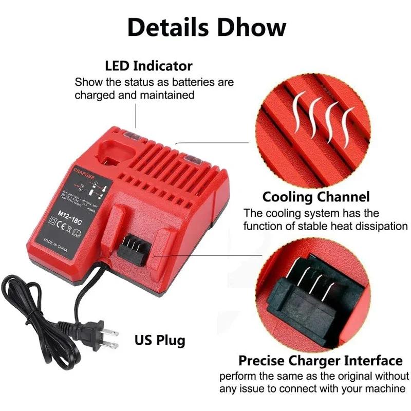 Battery Charger For Milwaukee 12 V 14.4V 18V 48-11-1852 48-11-1820 48-11-1840 48-59-1813 M&18 M&14 M&12 Lithium Battery