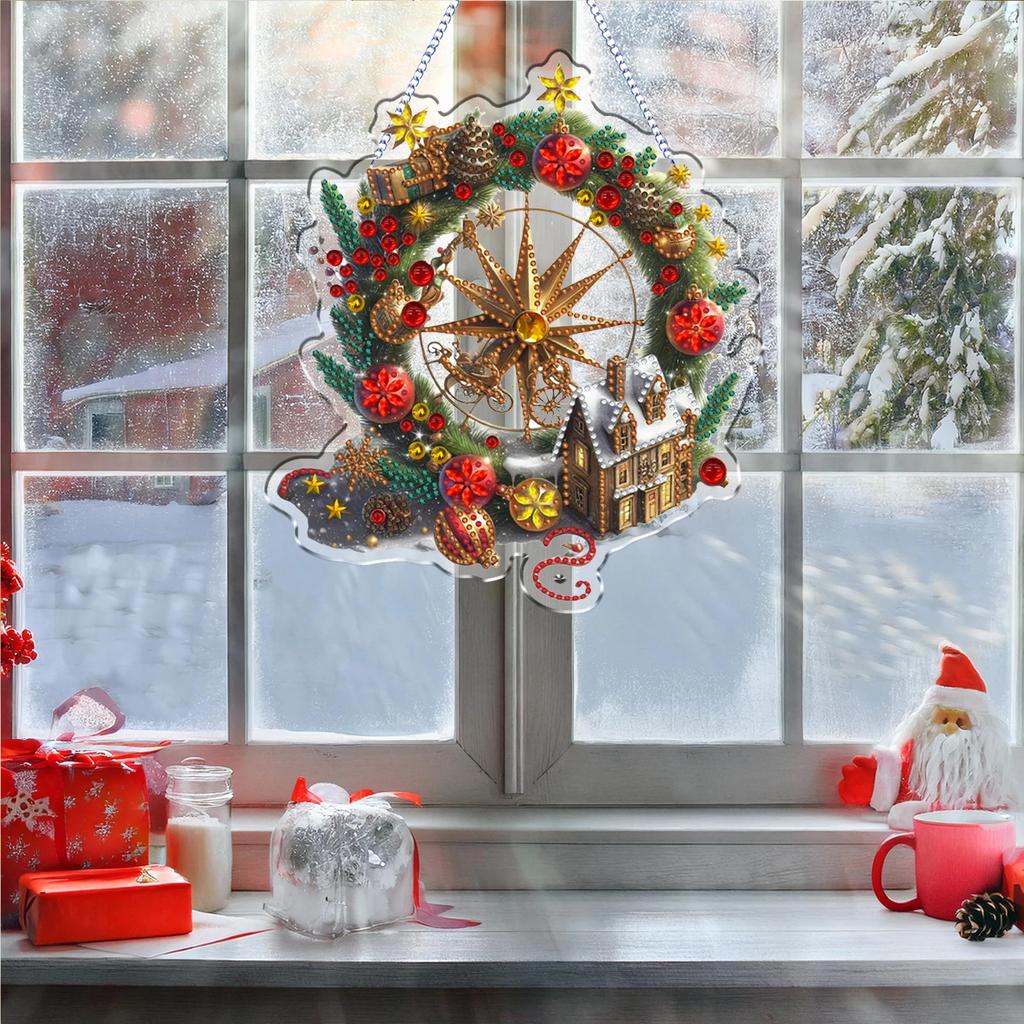 Xmas Theme Diamond Painting Set 2D Flat DIY Special Shape Hanging Diamond Art Kits Rhinestone Diamond Art Window Pendants Decor