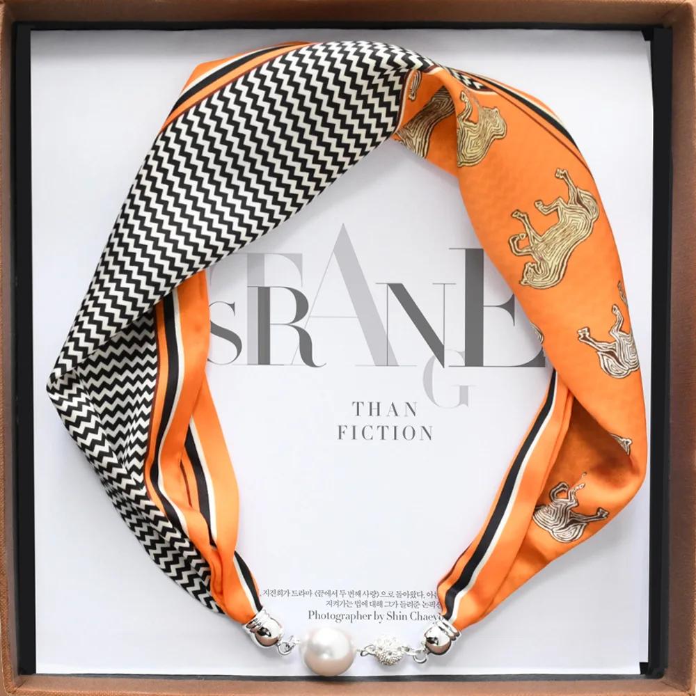 Chinese Retro Multi-Functional Magnetic Women'S Silk Scarf Small Strip Diamond Magnetic Buckle Small Scarf