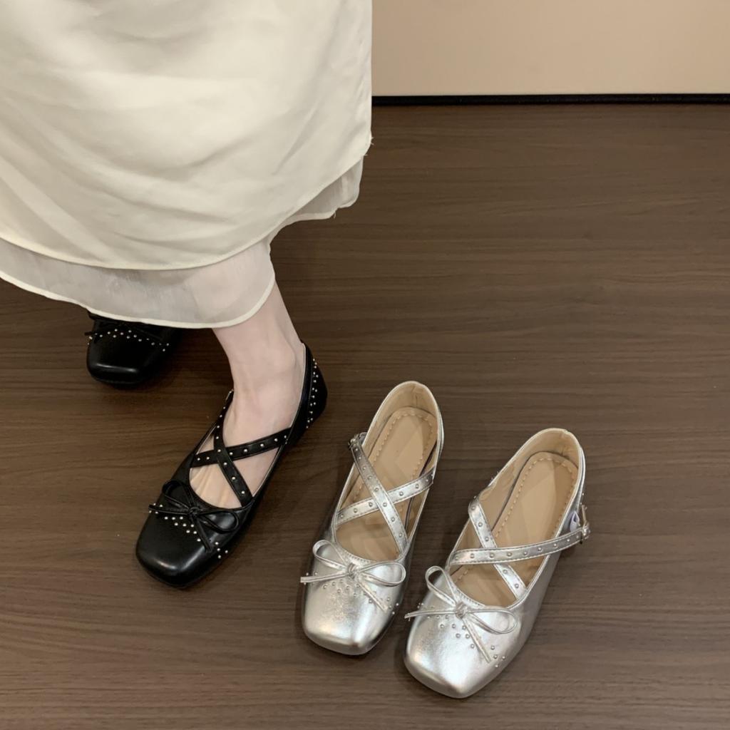 French Flat-soled Silver Single Shoes Women's 2025 New Summer Skirt Mary Jane Small Leather Shoes Ballet Beanie Shoes