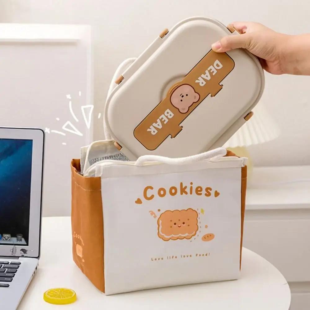 Cute Cartoon Bear Canvas Tote Food Bag Women Kawaii Portable Mini Handbags Thermal Lunch Box Cloth Picnic Travel Storage Bags