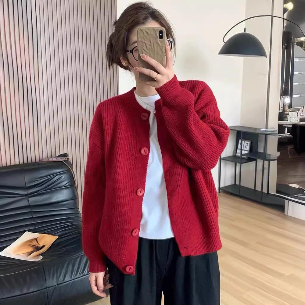 Autumn and winter new lazy wind Korean version sweater cardigan women's soft sheep wool pit strip button sweater dark gray