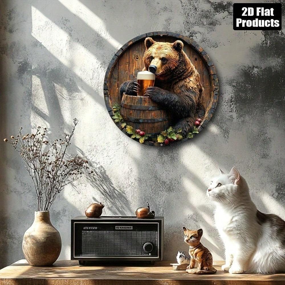 Vintage Bear Beer Round Metal Wall Sign 8x8 Inch Aluminum Plaque Bar Kitchen Home Decor