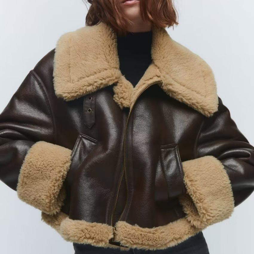 Κοντό σακάκι διπλής όψης Γυναικείο φθινοπωρινό χειμωνιάτικο παλτό Παχύ ζεστό καφέ σε συν μέγεθος