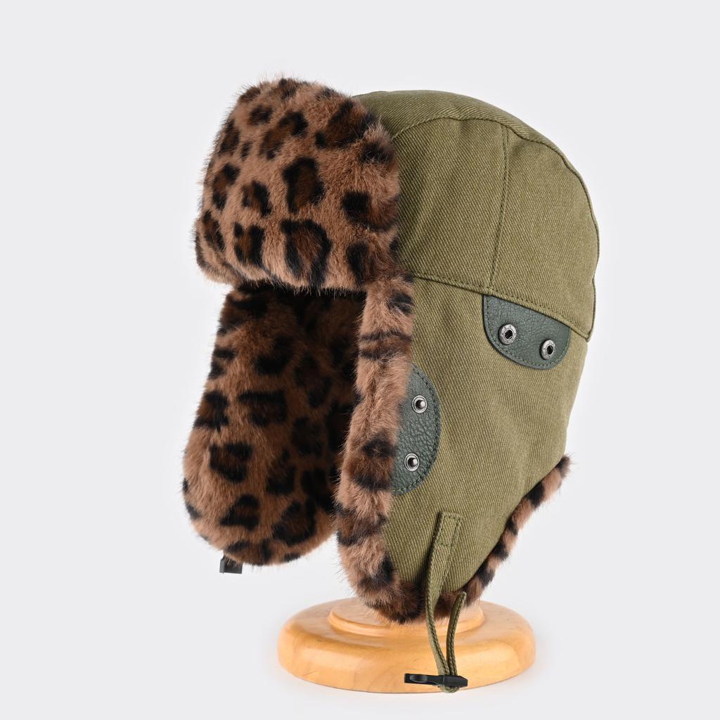 American Leopard Print Hat Men's and Women's Winter Thickened Warm Plush Ear Protection Cotton Hat Outdoor Cycling Cold Hat Tide