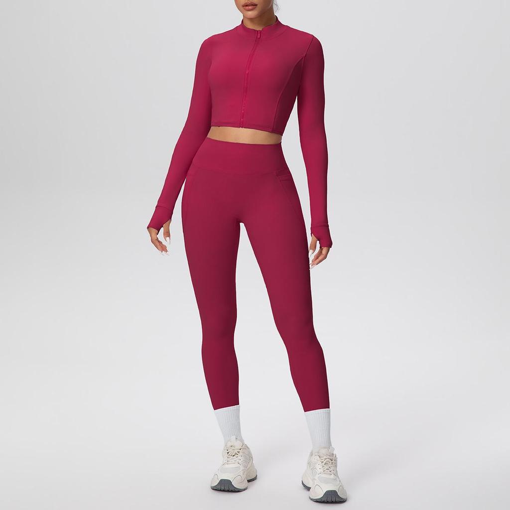 Zipper Crop Top Jacket & High-Waist Butt-Lifting Pocketed Pants Sports Set - Perfect for Yoga, Running, & Casual Fitness.