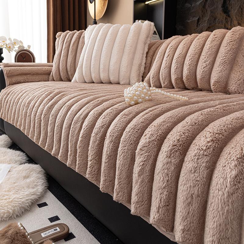 Winter Living Room Non-slip Warm Thick Striped Plush Cushion Couch Sofa Covers Slipcover Funda Sofa Mat