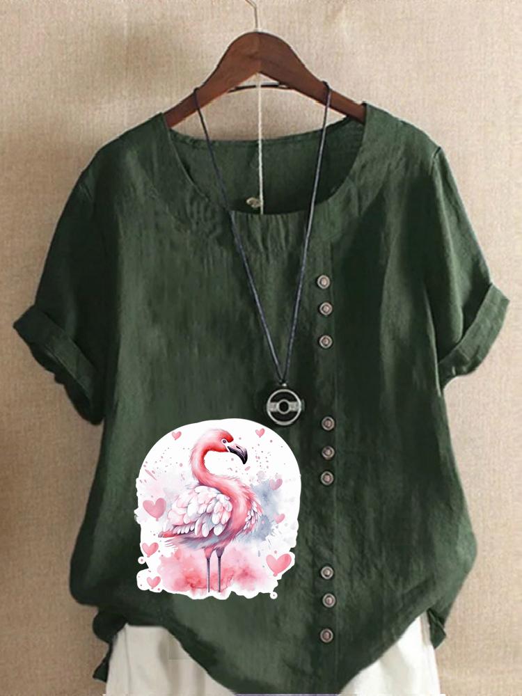 Women's Fashion Love Flame Bird Print Shot Sleeve T-shirt Loose Cotton Shirt Casual Loose Summer Blouse Tops Plus Size