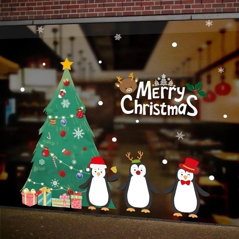 Christmas Decoration Penguin Sleigh Cartoon Elk Snowman Door Sticker Window Glass Wall Sticker