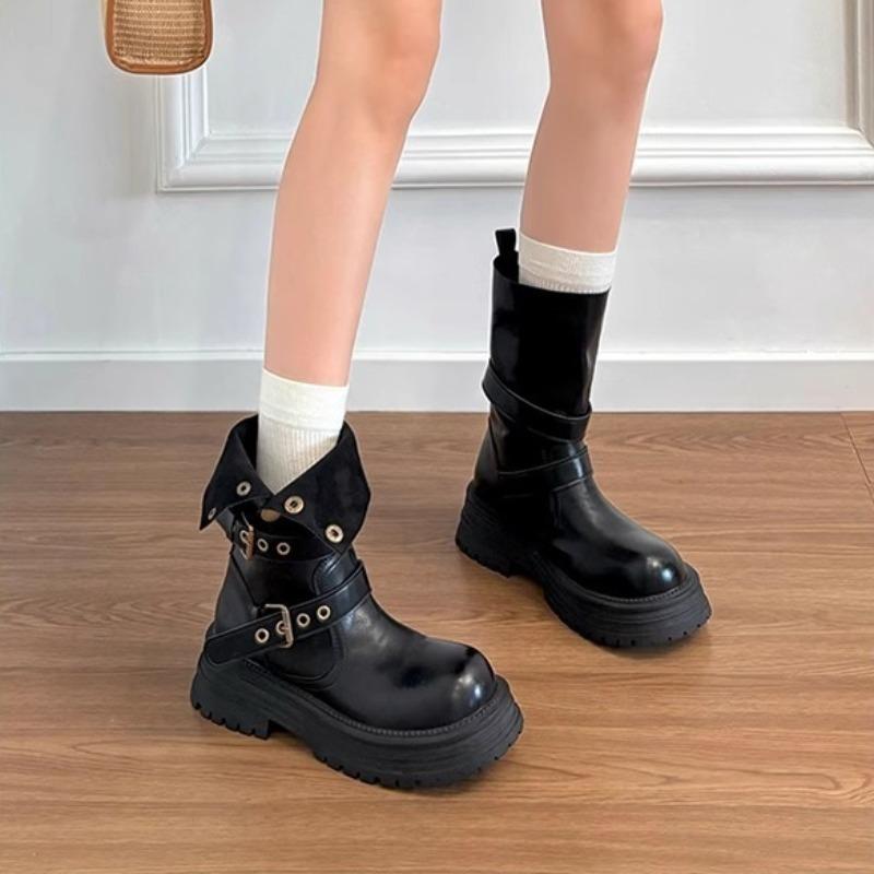 Fashion Women's Boots Fashion Retro Comfort Belt Fastener Lapel Women's Ankle Boots Chunky Platform PU Leather Knight Boots Botas Mujer