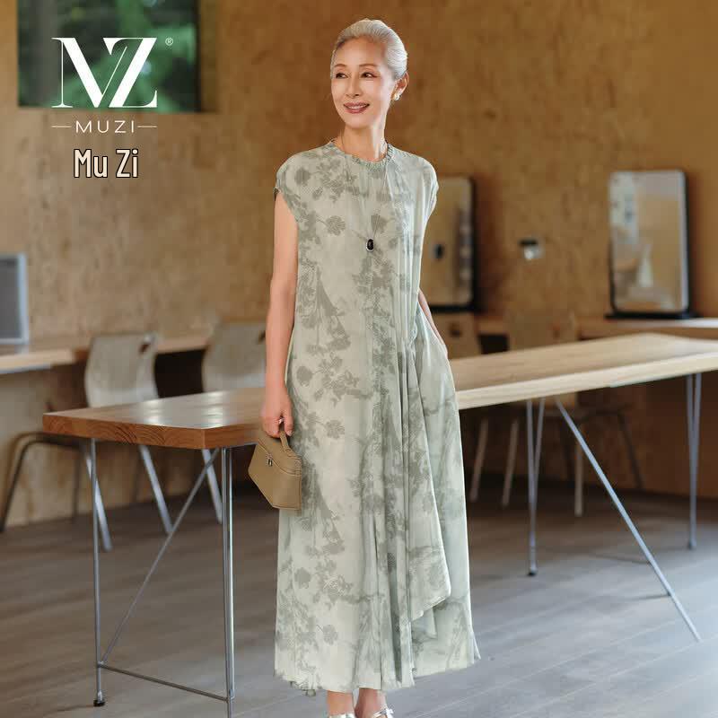 Muzi Retro Floral Chiffon Midi Dress L