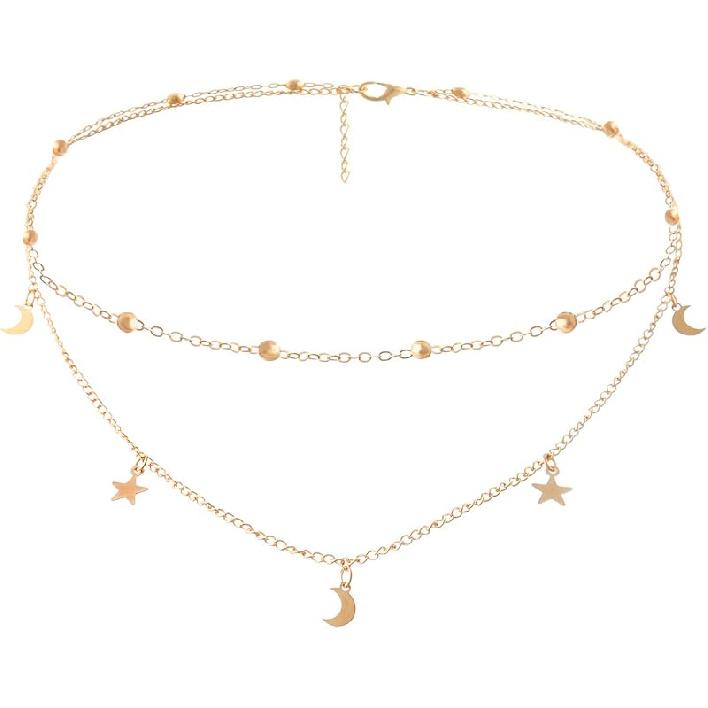 Star Moon Charm Necklace Layering Chain Choker for Women