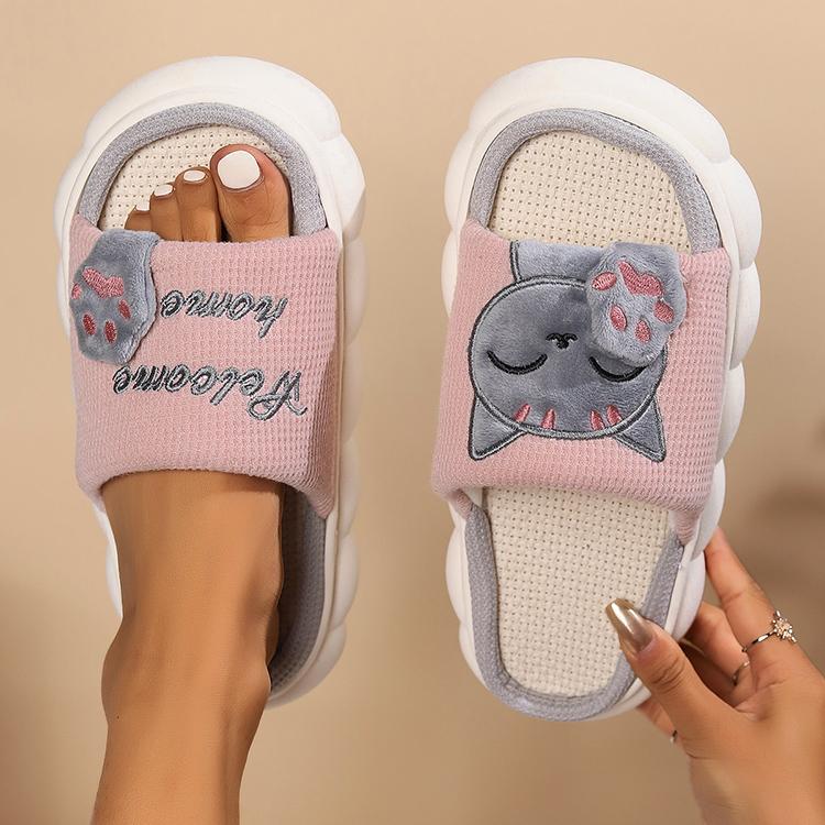 Linen Casual Slippers Women House Platform Cute Cartoon Cat Designer Shoes Girls Flat Elegant Footwear Indoor Large Size