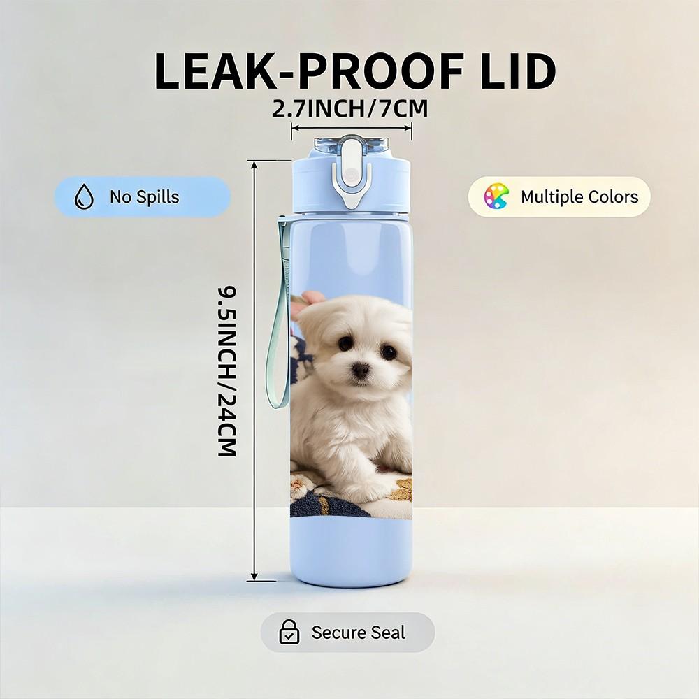 1PC Tiny Puppy Wearing Clothes 750ml Color Plastic Sports Water Bottle Leakproof Flip Straw Lid Suitable for Sports Office Home Use